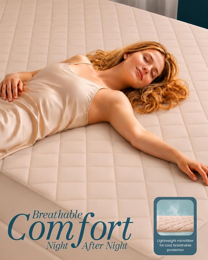 Quilted Mattress Pad, Full Mattress Protector Topper fits 16" Deep, Beige | Soft Breathable Fitted Mattress Cover, Noiseless, Deep Pockets & Machine Washable for Home & Hotels by Utopia Bedding