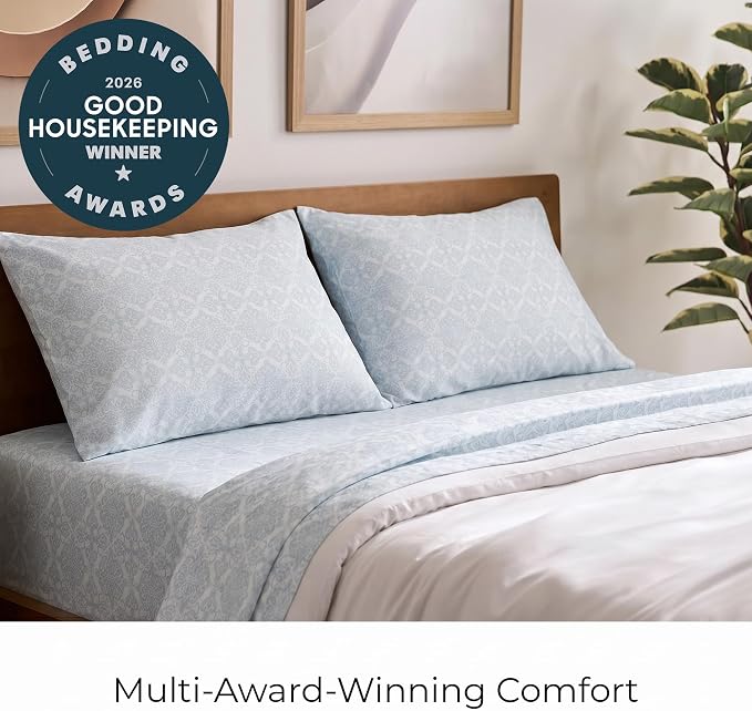 Mellanni Iconic 4-Piece, Ultra Soft Sheet Set (Cal King, Laced Sky Blue) | 10M+ Sleepers. Lab-tested: Sleeps Cool, Stays Bright, Strong, Smooth. Good Housekeeping Best Bedding, 7 yrs running.