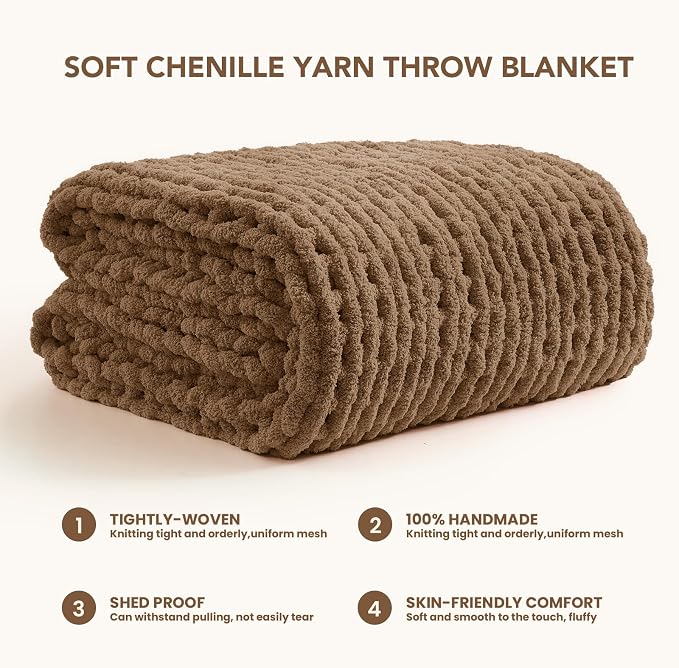 L'AGRATY Chunky Knit Throw Blanket for Couch, 50'' x 70'' Knit Throw, Brown | Handmade Chenille Crochet Blanket for Sofa Bed, Thick Cable Knitted Blankets for Room Home Decor, Birthday Gift for Women Mom