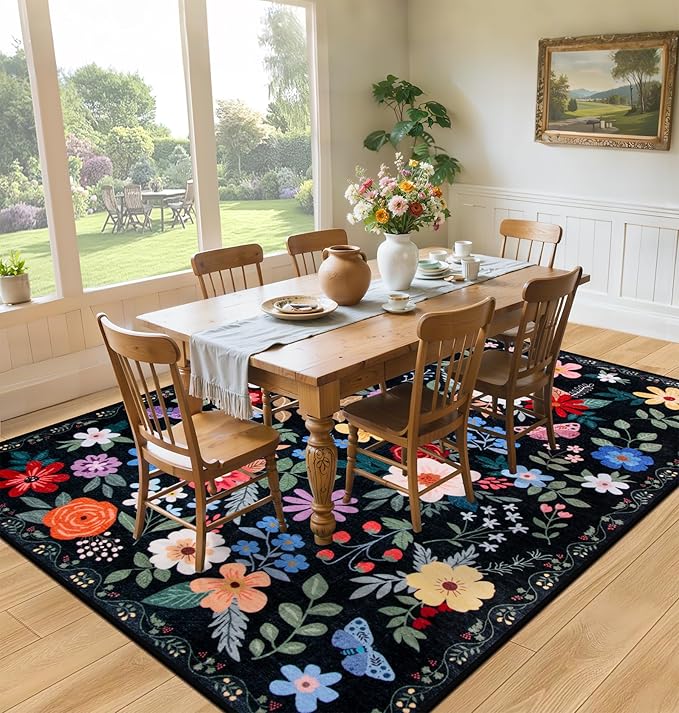 PLHXFR Area Rug 10x14 Living Room: Floral Washable Boho Soft Carpet Black | For Bedroom Dining Room Farmhouse Nursery Hallway,Vintage Floral,Machine washable,Non Slip,Stain Resistant,Large Indoor
