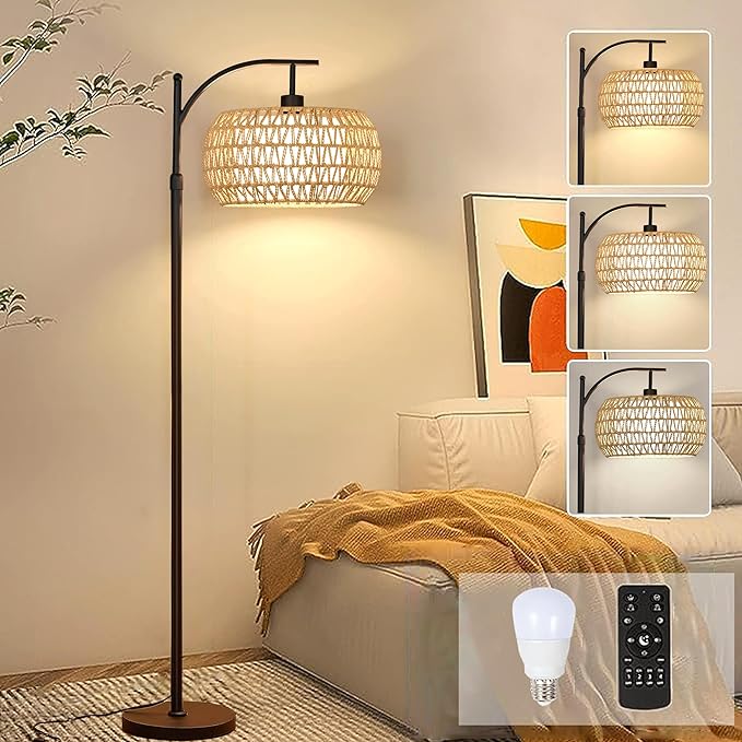 Arc Floor Lamps for Living Room Rattan Boho Floor Lamp with Remote Control,Dimmable LED Floor Lamp Wicker Lamp Shades Black Standing Lamp with 3 Color Temperature Tall Floor Lamps For Bedroom Corner