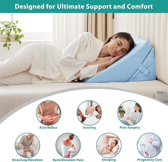 Wedge Pillow for Sleeping, Adjustable 9&12 Inch Foldable Bed Wedge Pillow Set, Orthopedic Memory Foam Triangle Pillows Wedge, 7-in-1 Elevated Pillows for Leg and Back Support, Light Blue