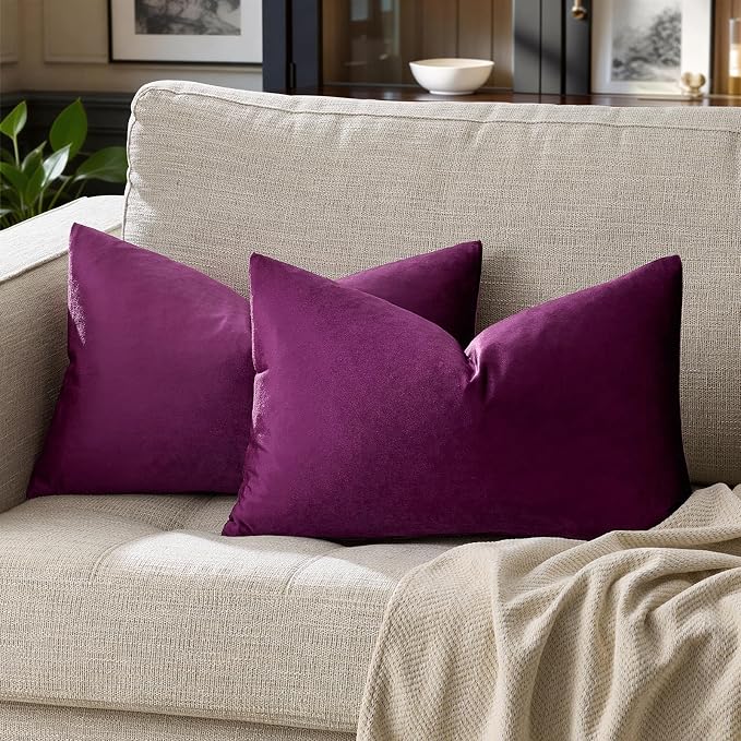 GIGIZAZA Velvet Pillow Covers 12x20 Decorative Pillows Pack of 2 Purple | Throw Pillows for Couch Sofa,280gsm Soft Textured Fabric,Luxury Modern Lumbar Pillowcases,Home Decor Cushion Covers