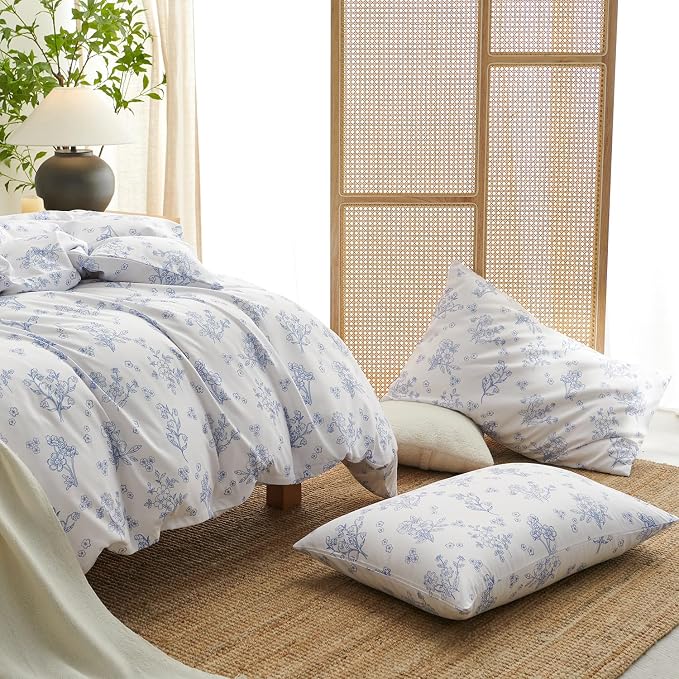 Nayoroom Blue Floral Duvet Cover Set King Spring Cottagecore Bedding | Soft Breathable Washed Microfiber, All-Season Comfort, Hidden Zipper, 4 Corner Ties, Modern Farmhouse Aesthetic Bedding