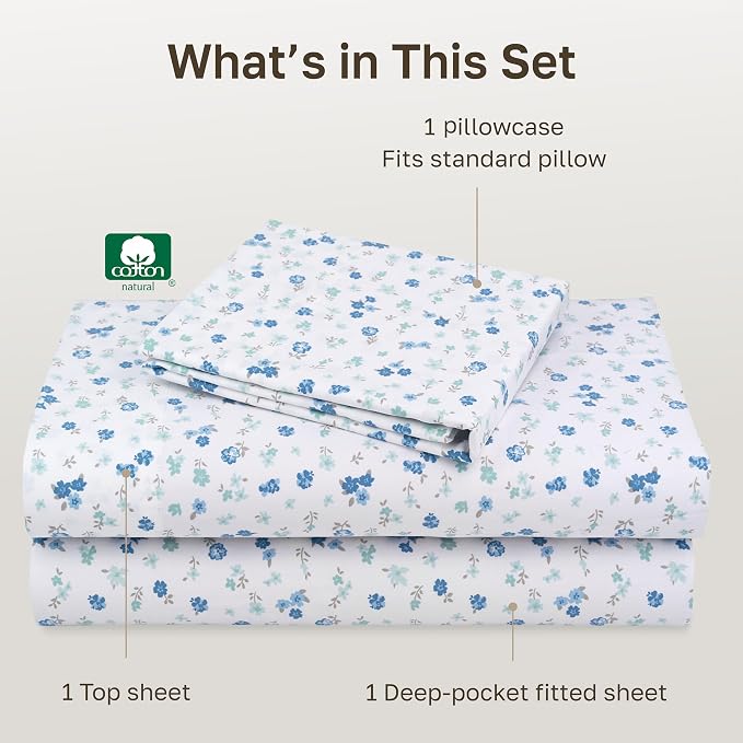 California Design Den Soft 100% Cotton Sateen Twin Bedsheets, 3 Pcs Set | 400 Thread Count Backed by Good Housekeeping Seal, All-Around Elastic, Durable, Easy Care - Floral White/Blues Print