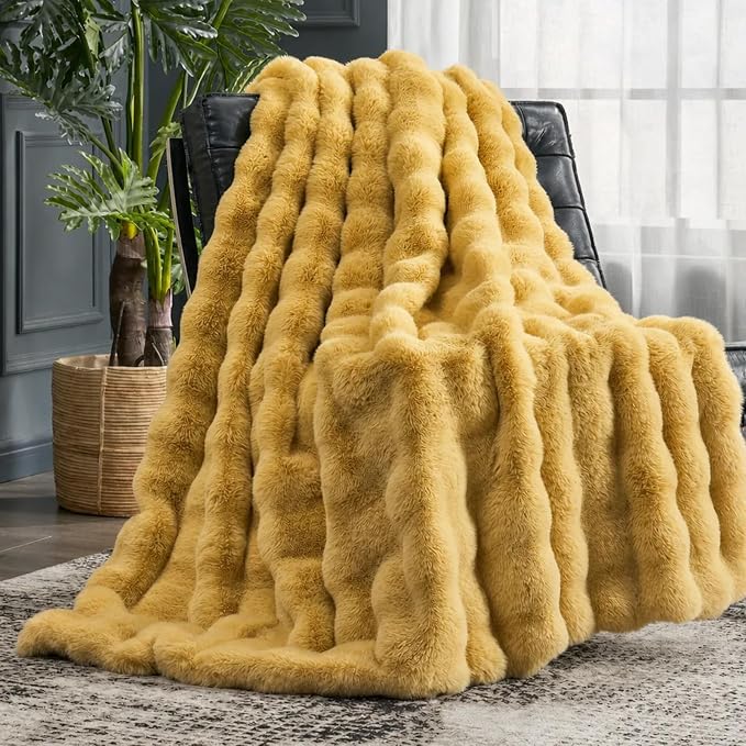Cozy Bliss Faux Fur Throw Blanket for Couch, Fuzzy Soft Plush Thick Bubble Blanket for Sofa Bedroom Living Room, 60 * 80 Inches Yellow