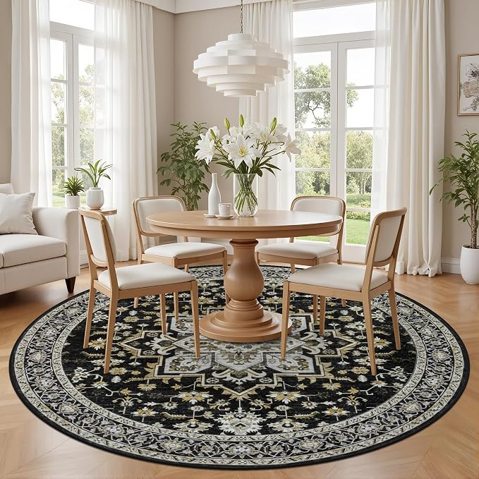 Round Area Rug for Living Room: 6ft Boho Washable Rug Black Gold | Vintage Boho Soft Round Rug Indoor Floor No Slip Carpet Stain Resistant Rugs for Bedroom Dining Room Nursery Home Office