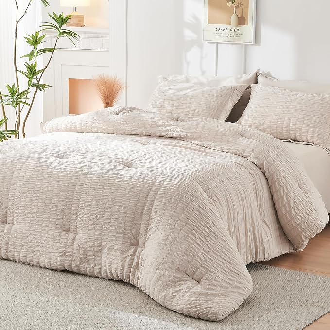HYMOKEGE Beige Full Size Comforter Sets Seersucker 7 Pieces, All Season Luxury Bed in a Bag for Bedroom, Bedding Set with Comforters, Sheets, Pillowcases & Shams