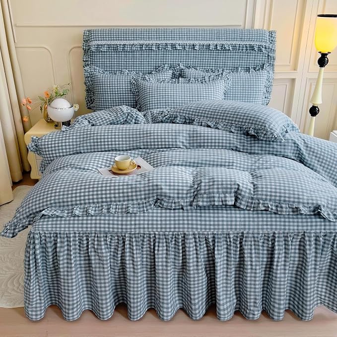 LifeTB Blue Gingham Comforter Set King 3 Pieces Ruffle Plaid Checkered Pattern Comforter Chic Gingham Bedding Set Fluffy Soft Grid Plaid Bedding Comforter Farmhouse Checkered Comforter Set King