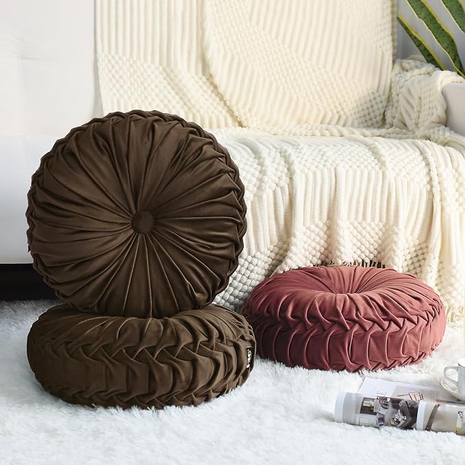 HIG Set of 2 Chocolate Velvet Decorative Round Pleated Throw Pillows | Vintage Floor Pillows, Classy Accent Pumpkin with Center Button, for Sofa Couch Vanity Chair Bed, 14.5" Diameter