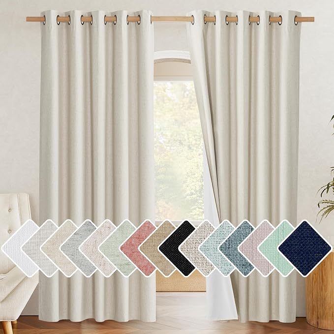 NICETOWN Natural Blackout Curtains for Living Room 62" w x 84" L 2 Panels | 100% Room Darkening Linen Curtains Farmhouse Thick Window Treatments Thermal Insulated Drapes for Bedroom Home Decor