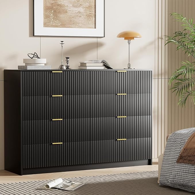 Furniway Black Dresser for Bedroom, Modern Dresser with 8 Drawers and Smooth Slides, Wide Chest of Drawers with Golden Handles for Bedroom, Closet, 15.7" D x 55" W x 37.4" H