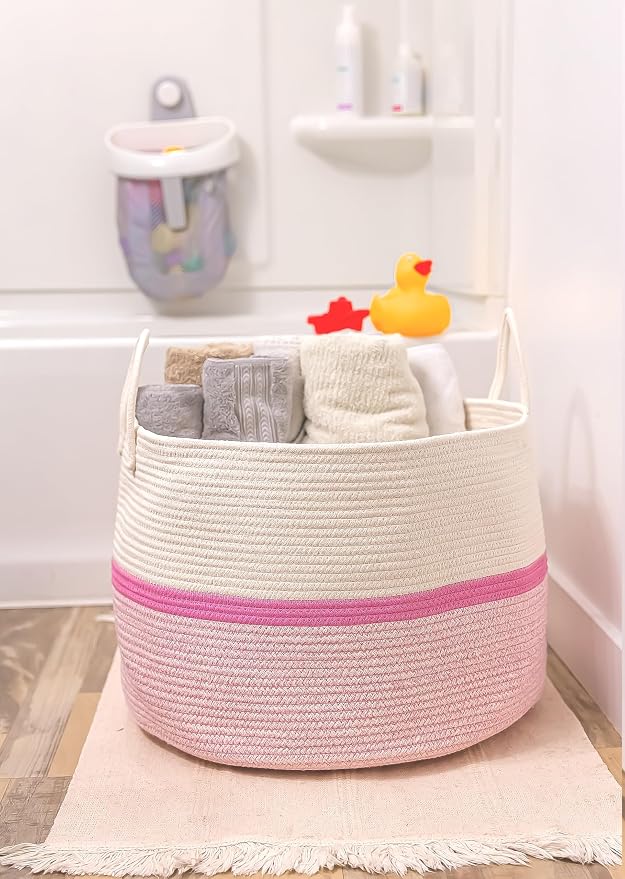 OrganiHaus Round Toy Basket & Blanket Basket, Cotton Rope 20x13" | Striped Pink - Round Cotton Rope Basket, 20x13"
