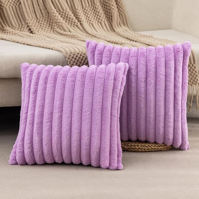 ZLINA Light Purple Striped Faux Fur Throw Pillow Covers 22 x 22 Inch | 2‑Pack, boho striped pillow covers,velvet back,fuzzy plush cushion covers , for sofa bed livingroom home decor