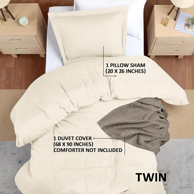 Duvet Cover Twin/Twin XL, 3 PC Cotton Like Polyester, Zipper Closure, Ivory | Extra Soft and Breathable, Wrinkle & Fade Resistant, Includes Duvet Cover and 1 Pillow Sham, Comforter Not Included, OekoTex