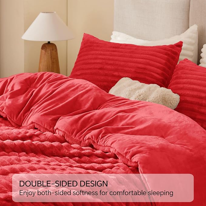 BEDELITE Fleece Twin/Twin XL Comforter Set, Fluffy Bed Set, Red | Super Soft & Warm Bedding, Luxury Fuzzy Faux Fur Comforter for Winter, Heavy Plush Bedding, with 1 Pillowcase