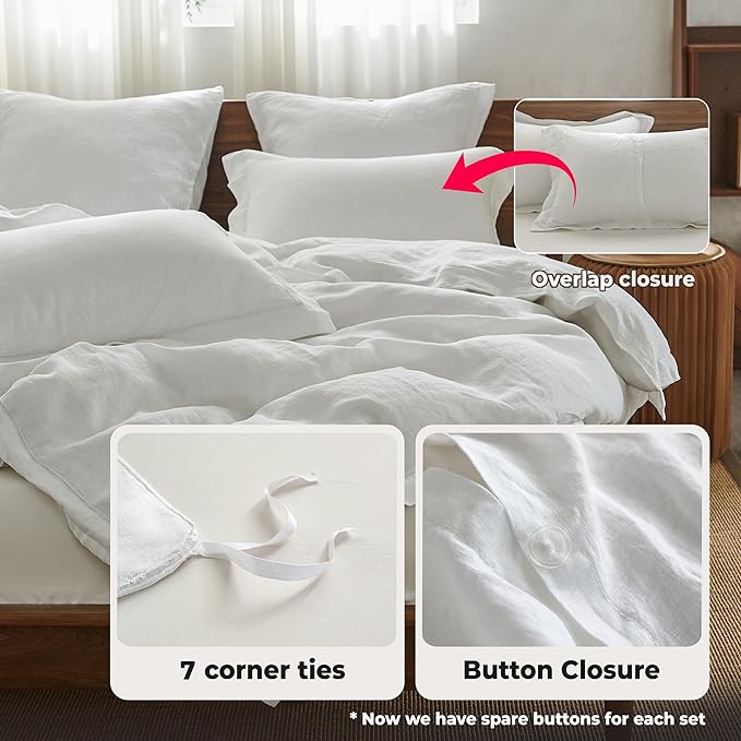 Simple&Opulence 100% French Linen Duvet Cover Set with Embroidered,3 Pcs Washed Soft Farmhouse Bedding Set with Button Closure,1 Comforter Cover and 2 Pillowshams(King,White)