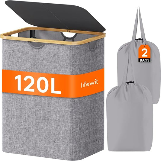 Lifewit 120L Laundry Basket with Lid, Clothes Hampers for Laundry with Bamboo Handles and 2 Removable Bag, Large Foldable Laundry Hamper for Bedroom, Bathroom, Dorm, Laundry Room, Light Gray