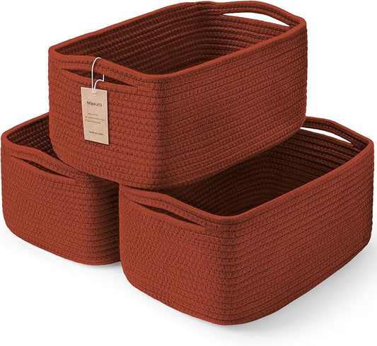 3 Pack Small Storage Baskets for Organizing, 11.8×7.8×5.1", Oxide Red | Woven Baskets for shelves, Cotton Rope Basket for Gifts Empty, Closet Organizer Bins with Handles, Cube Decorative Box
