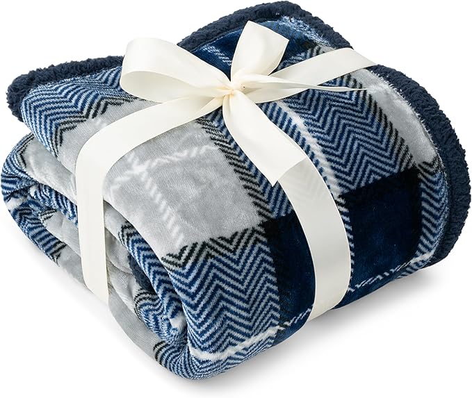 PAVILIA Twin Plaid Sherpa Throw Blanket for Couch Sofa Bed, Navy, 60x80 | GSM 460; Soft Plush Flannel Fleece; Warm&Cozy for Home; Machine Washable, Perfect Cabin Decor Winter Holiday Christmas Gift