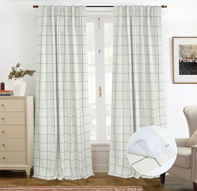 DriftAway 100% Blackout Plaid Linen Curtains 90 Inches Long 2 Panels Black | 100% Blackout, Linen Texture, Plaid Pattern, Two Layers, Rod Pocket & Back Tab, Bedroom Living Room Use, Luxury Appearance