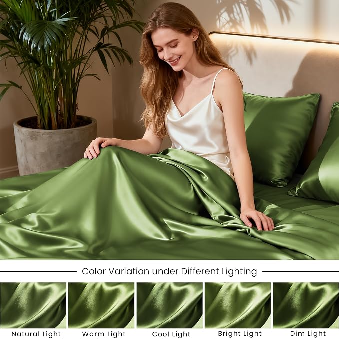 Love's cabin Twin XL Satin Sheet Sets - 3 Piece Sage Silky Bed Sheets with Deep Pockets, Luxury Silk Feel Satin Sheet Set Twin XL (1 Flat Sheet,1 Fitted Sheet,1 Pillow case)