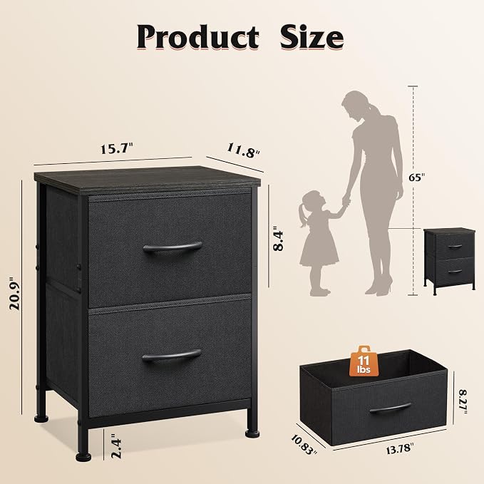 WLIVE Black Night Stand, Small Dresser with 2 Drawers & Wooden Top, Nightstand with Fabric Bins, Bedside Table End Table for Bedroom, Closet, Entryway, College Dorm, Charcoal Black | Versatile Small Side Table, Sturdy Metal Frame & Adjustable Feet, 15-...