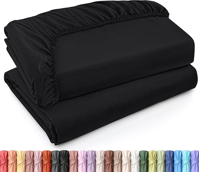 Pack of 2 Twin XL Fitted Sheet, Fits Up to 16 Inch Deep Pocket, Black | Hotel Comfort, Cooling & Breathable Cotton like Polyester, Easy Fit, Wrinkle & Fade Resistant, Snug Fit, Easy Care, Oeko-Tex