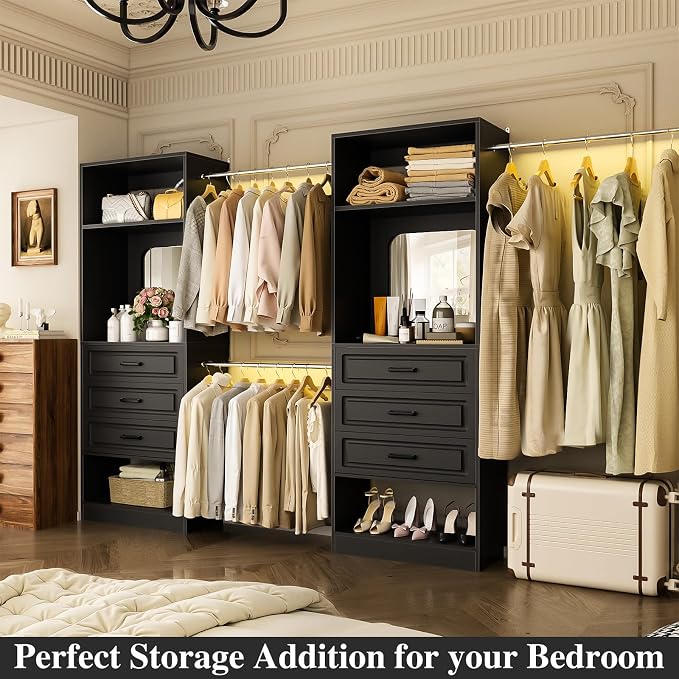 Unikito 6-14FT Wood Closet System with 6 Drawers and Mirror, Black | Sturdy walk-in organizer wardrobe for clothing, clothes rack with 3 hanging rods, freestanding garment storage tower.
