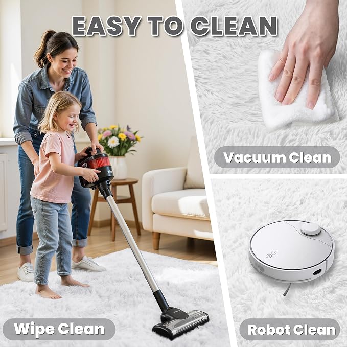 8x10 Fluffy Shag Area Rugs for Living Room Bedroom: Soft Plush Carpet White | Upgraded Non-Slip Thick Memory Foam, Ultra Soft, Non-Shedding Fuzzy Carpet, Easy Clean Decor for Kids Room, Nursery, Playroom