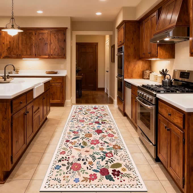 Washable 2' x 6' Runners for Hallways, Non Slip Long Floor Runner for Kitchen, Entryway Indoor, Stain Resistant Rubber Backing Floral Decor Rug (Beige Red)