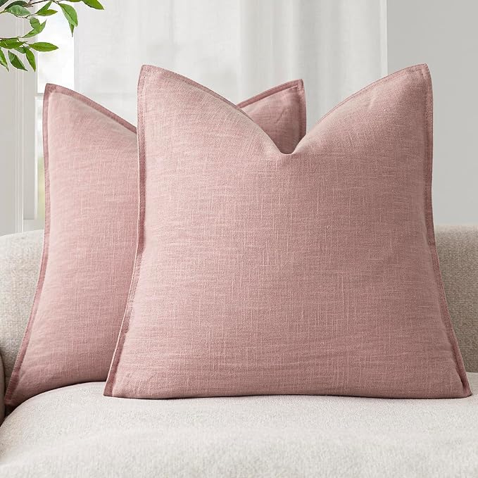 Foindtower Linen Solid Decorative Throw Pillow Covers 20x20 Inch Rose Pink | Pack of 2 Boho Farmhouse Pillowcase,Accent Neutral Cushion Covers,Morden Home Decor for Chair Couch Sofa Bedroom Living Room