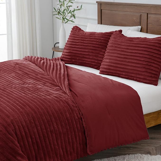 BEDELITE Fleece Full Comforter Set, Fluffy Bed Set, Burgundy | Super Soft & Warm Bedding, Luxury Fuzzy Faux Fur Comforter for Winter, Heavy Plush Bedding, with 2 Pillowcases