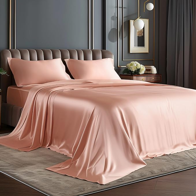 BEDELITE Satin Sheets Queen Size Bed Set, Coral Pink, 4 Pieces | Luxury Silky Bed Sheets, 15 Inch Deep Pocket, Similar to Silk, Soft and Cooling, Reduces Friction, Gentle on Hair and Skin