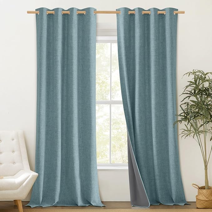 NICETOWN 100% Absolutely Blackout Linen Curtains with Thermal Insulated Liner, Skylark Blue, 52" Wide, 102" Length Energy Saving Curtains for Living Room 2 Panels Set, Vertical Blinds