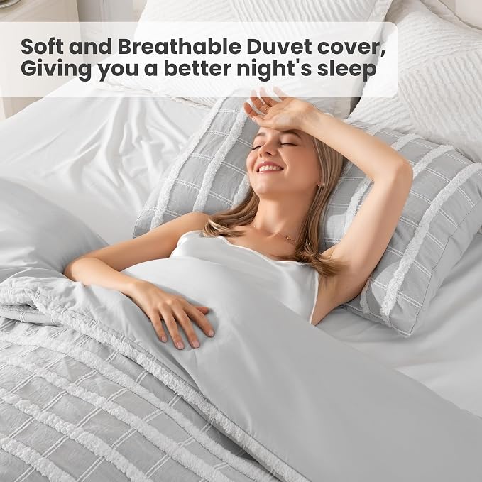 ROSE&RISY Tufted Queen Duvet Cover Set, 3 Pieces Soft & Comfortable Lightweight Textured Boho Embroidery Shabby Chic Bedding Set,Includes 1 Duvet Cover, 2 Pillow Cases (Grey Gingham,Queen)
