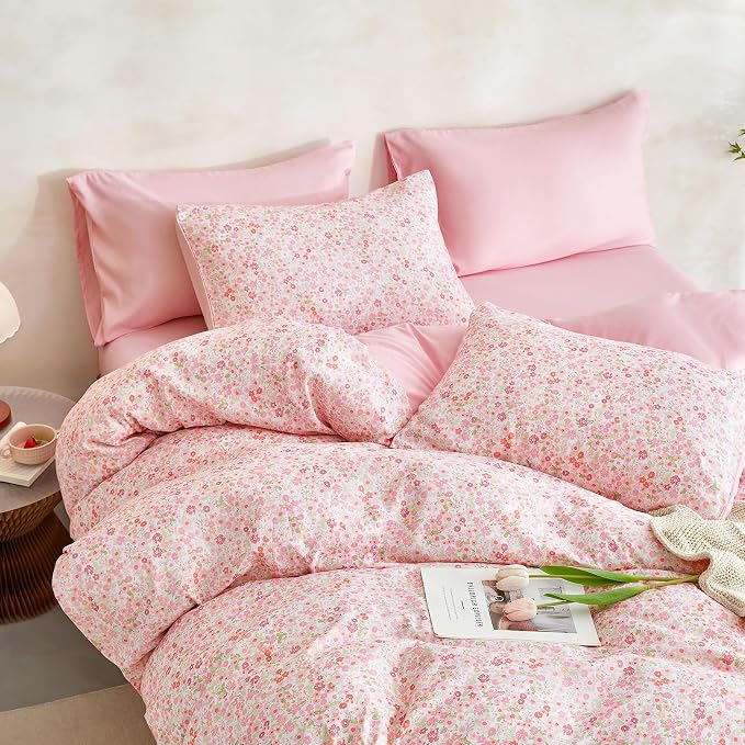 Wake In Cloud - Floral Duvet Cover Set, Cute Vintage Flower Cottagecore Aesthetic for Women Teen Girls, Soft Lightweight Bedding, 3-Piece, Pink, Twin/Twin XL Size