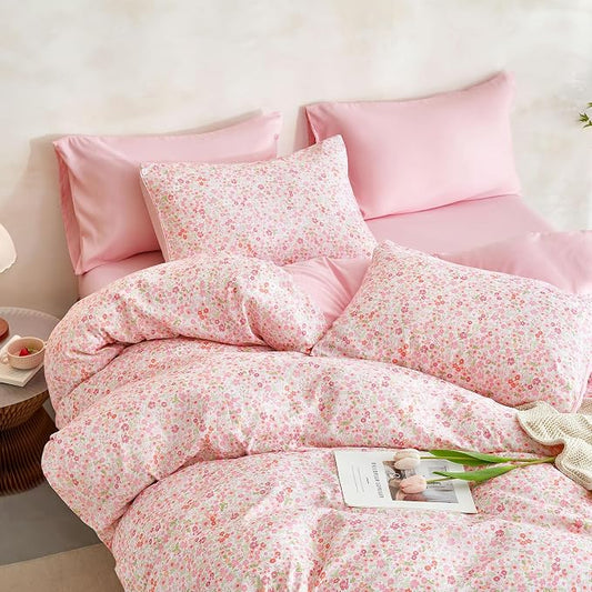 Wake In Cloud - Floral Duvet Cover Set, Cute Vintage Flower Cottagecore Aesthetic for Women Teen Girls, Soft Lightweight Bedding, 3-Piece, Pink, Twin/Twin XL Size