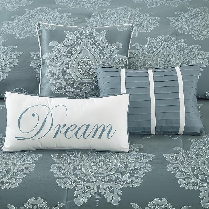 Blue California King Comforter Set, 15 Pieces, Damask Jacquard Woven, Bedding Set with Sheets, Room in a Bag, Comforter, Bed Skirt, Pillow Shams and Decor Pillows, Curtains