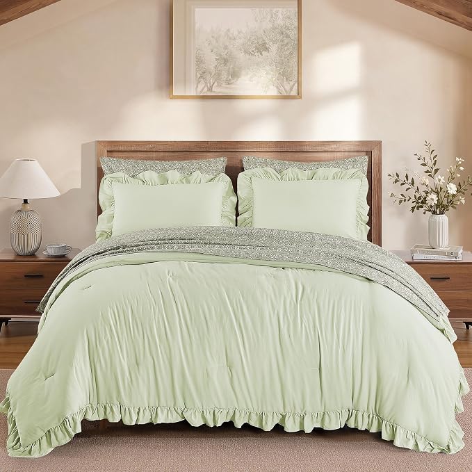 King Size Comforter Set-7 Pieces Ruffle Bedding Floral Sheet | Tint Green Bed in a Bag, Soft Lightweight All Season Farmhouse King Size Bedding Sets with Floral Sheets, Pillowcases & Shams