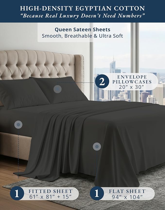 LANE LINEN Deep Pocket Queen Sheets 100% Egyptian Cotton Sateen - Black | Queen Size Sheets - 4-Piece Set, For A Luxurious Night's Sleep, For A Silky Hotel-Style Bed, Softer With Every Wash