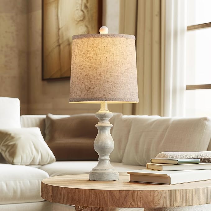 Traditional Table Lamp Set of 2, Rustic Farmhouse Table Lamps for Living Room Bedroom, 22" Bedside Desk Lamps Vintage Nightstand Lamps with Linen Shades, Antique White