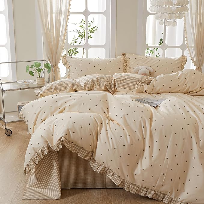 mixinni Floral Duvet Cover Set Twin XL Size – 100% Cotton 3-Piece Bedding Set with Ruffled Trim, Reversible Vintage Beige Gingham & Strawberry Print, Soft Aesthetic Duvet Cover with Zipper Closure