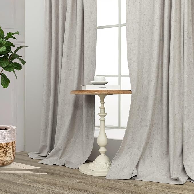 Linen Blackout Curtains 84 Inch Length 2 Panels Set for Living Room Bedroom Back Tab Thermal Insulated 100% Black Out Linen Drape Room Darkening Window Curtain 84 Inch Long Stone Taupe Birch Tan Beige