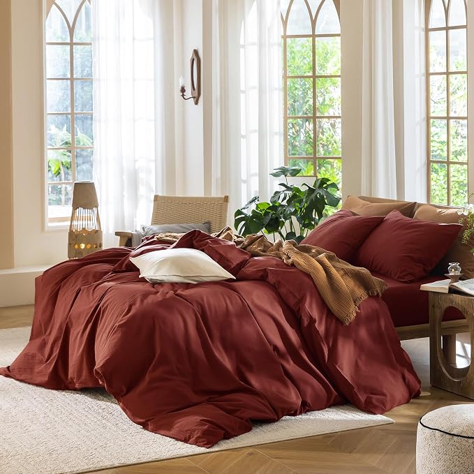 MooMee Duvet Cover Set 100% Washed Cotton Linen Like Full | Relaxed Linen-like Texture. Soft, Breathable & Long-lasting Comfort. Lightweight. Hidden Zipper with 8 Interior Corner Ties