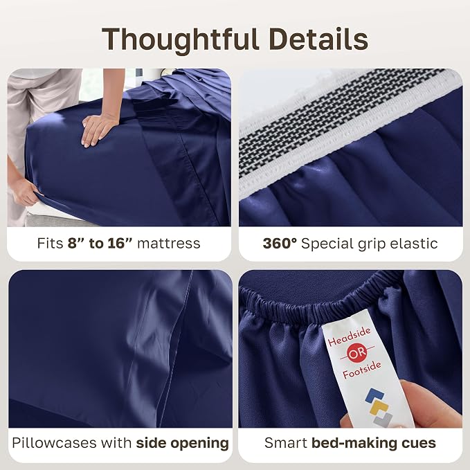 California Design Den Luxury 1000 Thread Count King Bed Sheets Set, 4 Pcs | Backed by Good Housekeeping Seal - 100% Cotton Sateen - Soft, Thick & Heavy, 16" Deep Pocket, Durable - Royal Navy Blue