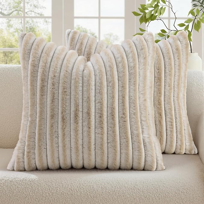 decorUhome Fall Faux Fur Throw Pillow Covers 20x20 Set of 2 Beige White | Decorative Soft Cozy Striped Plush Modern Farmhouse Boho Couch Pillow Cases Velvet Back for Sofa Bed Living Room Home Decor