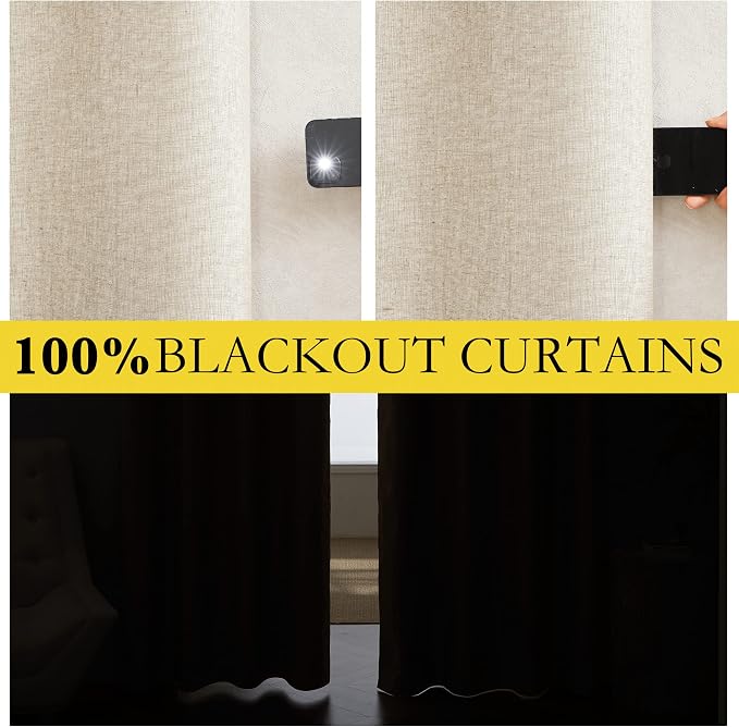 NICETOWN 100% Absolutely Blackout Linen Curtains with Thermal Insulated White Liner, 52" W, 2 PCs, Beige, 95" Long Drapes Sweep The Floor Decorative Keep Privacy Panels for Living Room/Villa/Bedroom