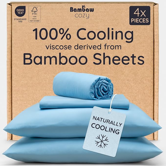 Bambaw Full Sheet Set 4pcs – 100% Viscose Derived from Bamboo Cooling Sheets Full Size Set, Temperature Regulating Sheets, with Elastic Corner Straps, Super Soft Full Size Sheets (Dream Blue)