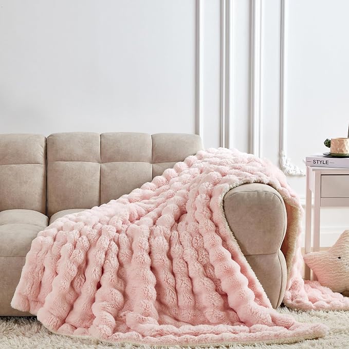 60x80 Inches Ultra-Soft Fuzzy Faux Fur Plush Twin Size Blanket - Thick, Warm Sherpa for Couch, Sofa, Bedroom, Camping - Decorative Blanket for Cozy Warmth, Bubble Pink